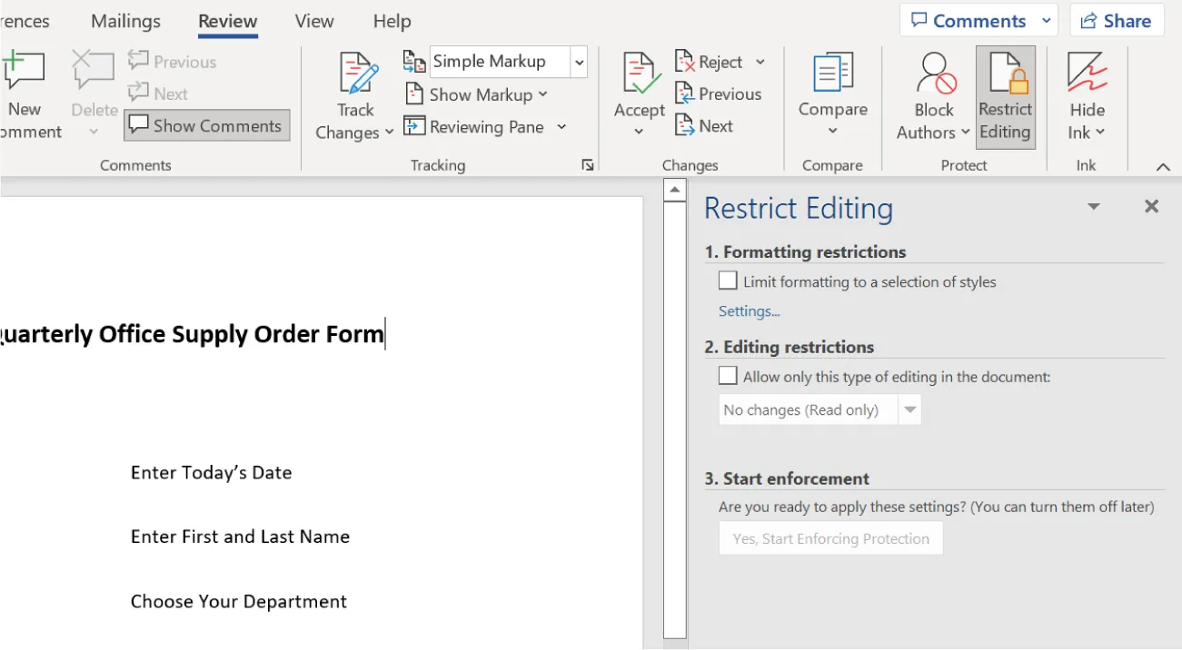Restrict Editing selected. Options include: Formatting restrictions (Limit formatting to selection of styles), Editing restrictions (Allow only this type of editing in document), Start enforcement (Are you ready to apply these settings?).