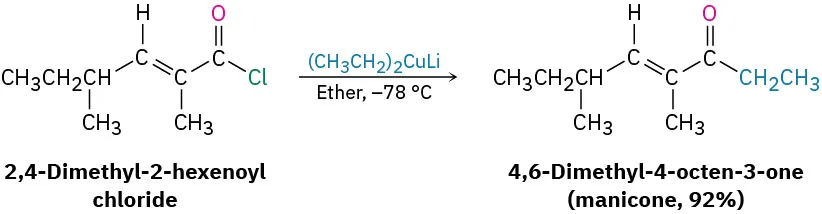 The reaction of 2,4-dimethyl-2-hexenoyl chloride with lithium diethylcopper in ether at minus seventy-eight degrees Celsius gives 4,6-dimethyl-4-octen-3-one (ninety-two percent). The common name of the product is Manicone.