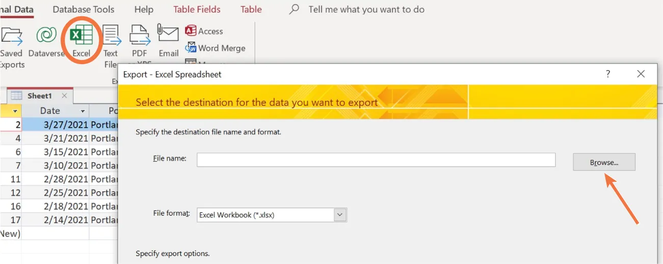 Excel button is selected on toolbar. Export-Excel Spreadsheet window highlights a Browse button to the right of the blank File Name bar.
