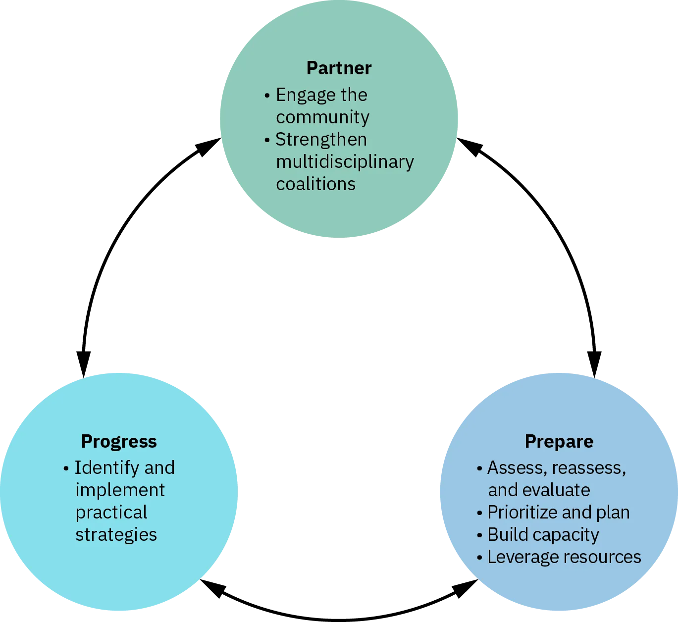 The components of the 3P action cycle are illustrated in three circles that are connected by double-ended arrows to create a larger circle, showing how each affects and is affected by the others. The components are: Partner, Prepare, and Progress. Partner includes engaging the community and strengthening multidisciplinary coalitions. Prepare includes assess, reassess, and evaluate; prioritize and plan; build capacity; and leverage resources. Progress includes identifying in implementing practical strategies. 