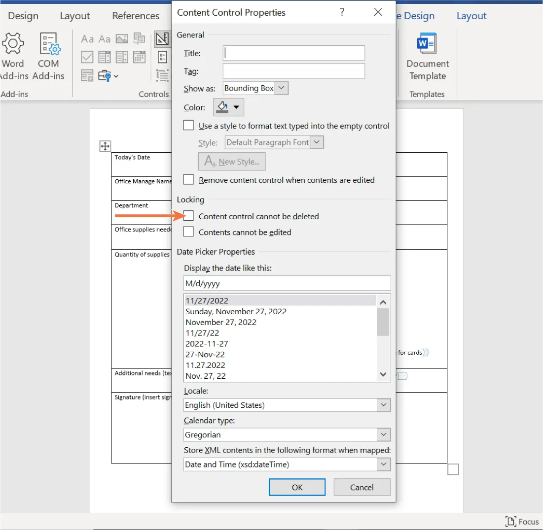 A Content Control Properties pane is visible. The Locking displays options for Content control cannot be deleted (selected) and Contents cannot be edited.
