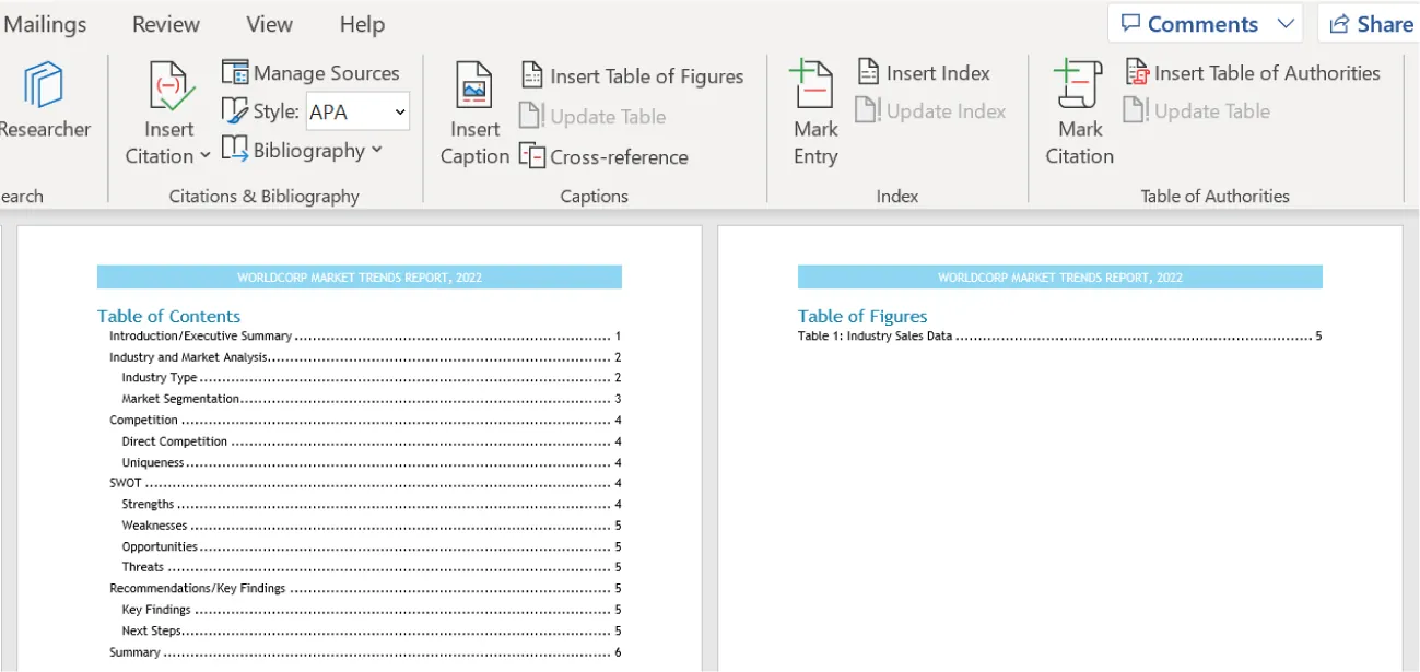 A two-paged document with header in blue contains a Table of Contents with tiered headings/page numbers. The other page displays a Table of Figures with title, Table name, and page number.