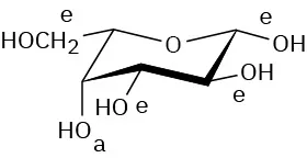 Structure of beta-L-galactopyranose with an axial OH at C 4 and three equatorial  O H groups at C 1, C 2 and C 3.