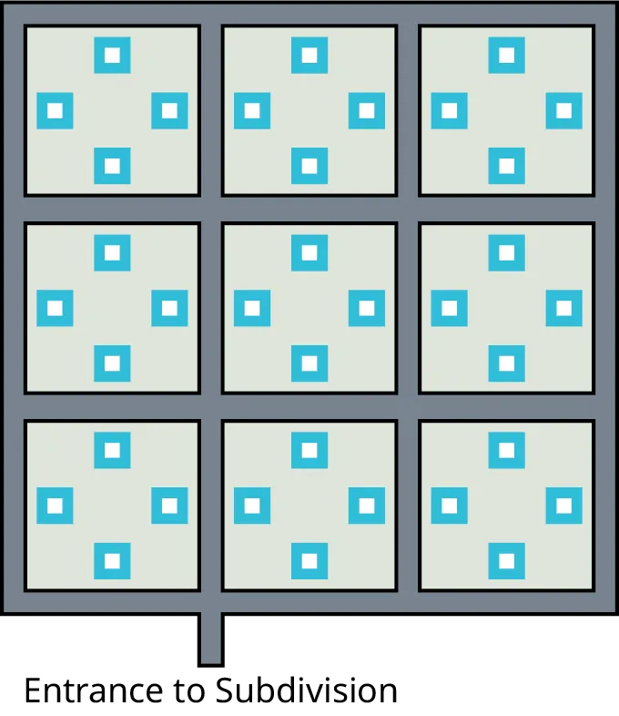 A map of a subdivision. The map has nine sections. Each section has four blocks. The entrance to the subdivision is at the bottom.
