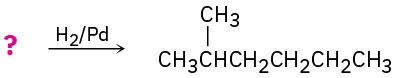 A reaction shows an unknown reactant  reacting with hydrogen on palladium catalyst to form a 6-carbon chain with a methyl group at C2.