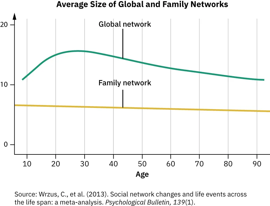 A line graph shows two lines. One is labeled “global network” and starts at 10, increases to 15 at age 30, and declines to 10 by age 90. The second is labeled “family network” and stays consistently at 7 throughout.