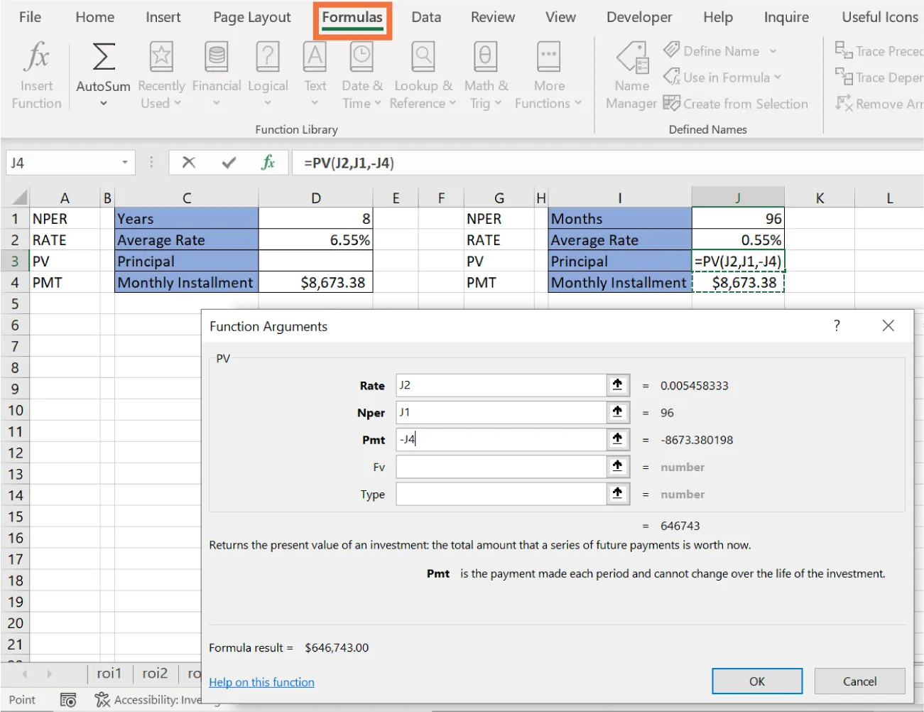 Function Arguments pane displays PV options: Rate (J2 = 0.005458333), Nper (J1 = 96), Pmt (-J4 = -8673.380198), Fv, Type. Formula result = $646,743.00 is in the left corner. Spreadsheet visible in background.