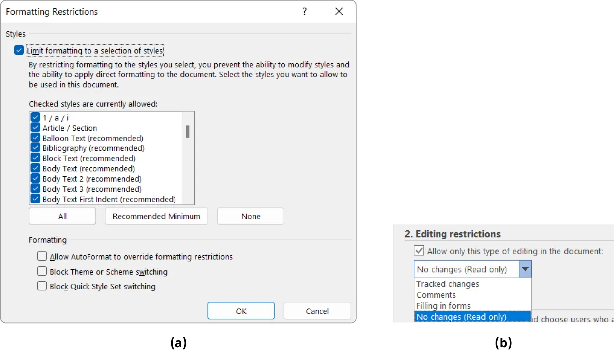 (a) Formatting Restrictions options selected: Limit formatting to a selection of styles/Checked styles are currently allowed. (b) Editing restrictions options selected: Allow only this type of editing in the document, No Changes.