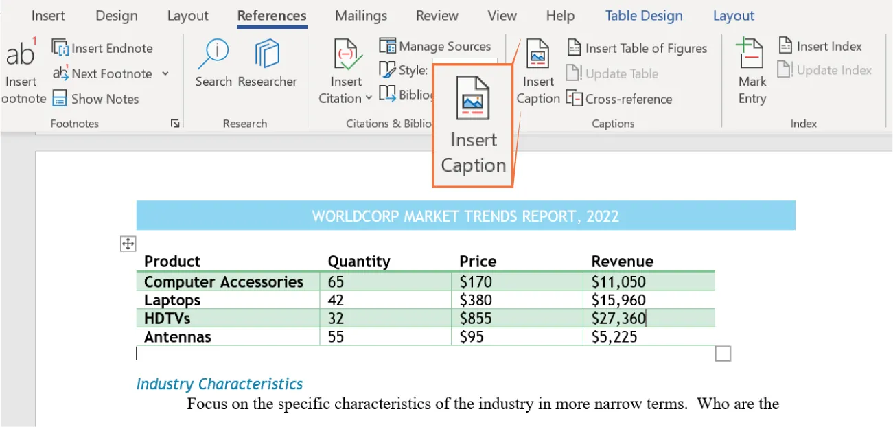 References is selected on ribbon and in Captions command group, Insert Caption is selected. In the document, a cursor sits at the start of a blank line underneath a table of information.