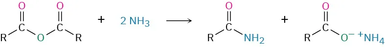 The reaction of an acid anhydride with two equivalents of ammonia gives an amide and an ammonium carboxylate salt.
