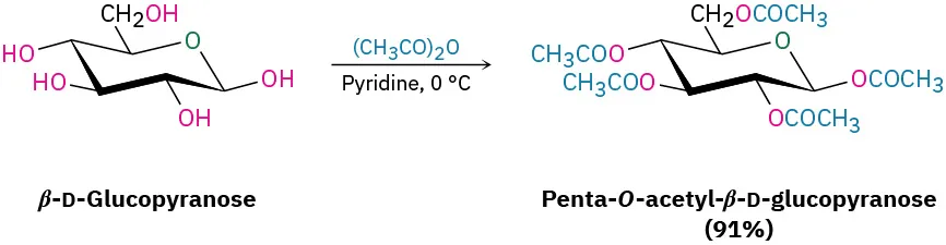 Beta-D-Glucopyranose reacts with acetic anhydride in pyridine at zero degree Celsius to form penta-O-acetyl-beta-D-glucopyranose (91 percent yield).
