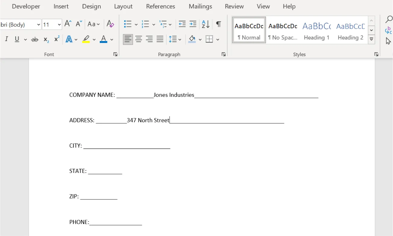 Word form visible with spaces for information insertion: Company Name: Jones Industries, Address: 347 North Street, City, State, Zip, and Phone. Blank lines follow the requested information. First two answers provided.