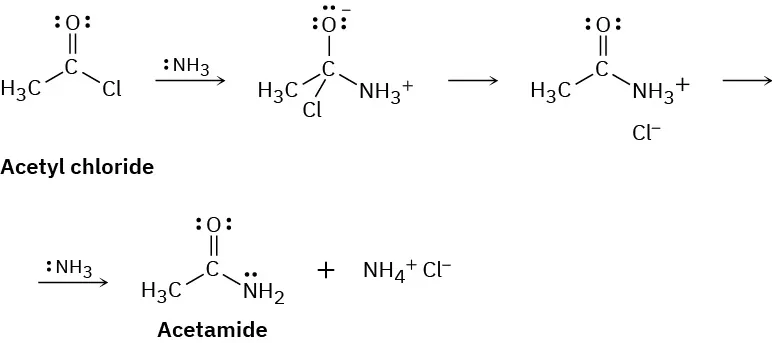 A 3-step reaction of acetyl chloride with ammonia. Step 1: ammonia addition to carbonyl; step 2: chlorine is eliminated; step 3: acetamide product is deprotonated by ammonia, ammonium chloride formed.