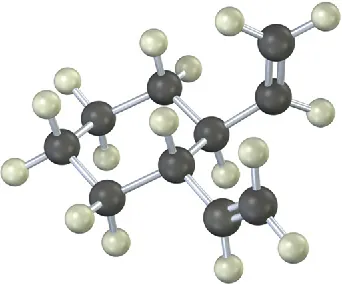 A ball-and-stick model of trans-1,2-divinylcyclohexane.