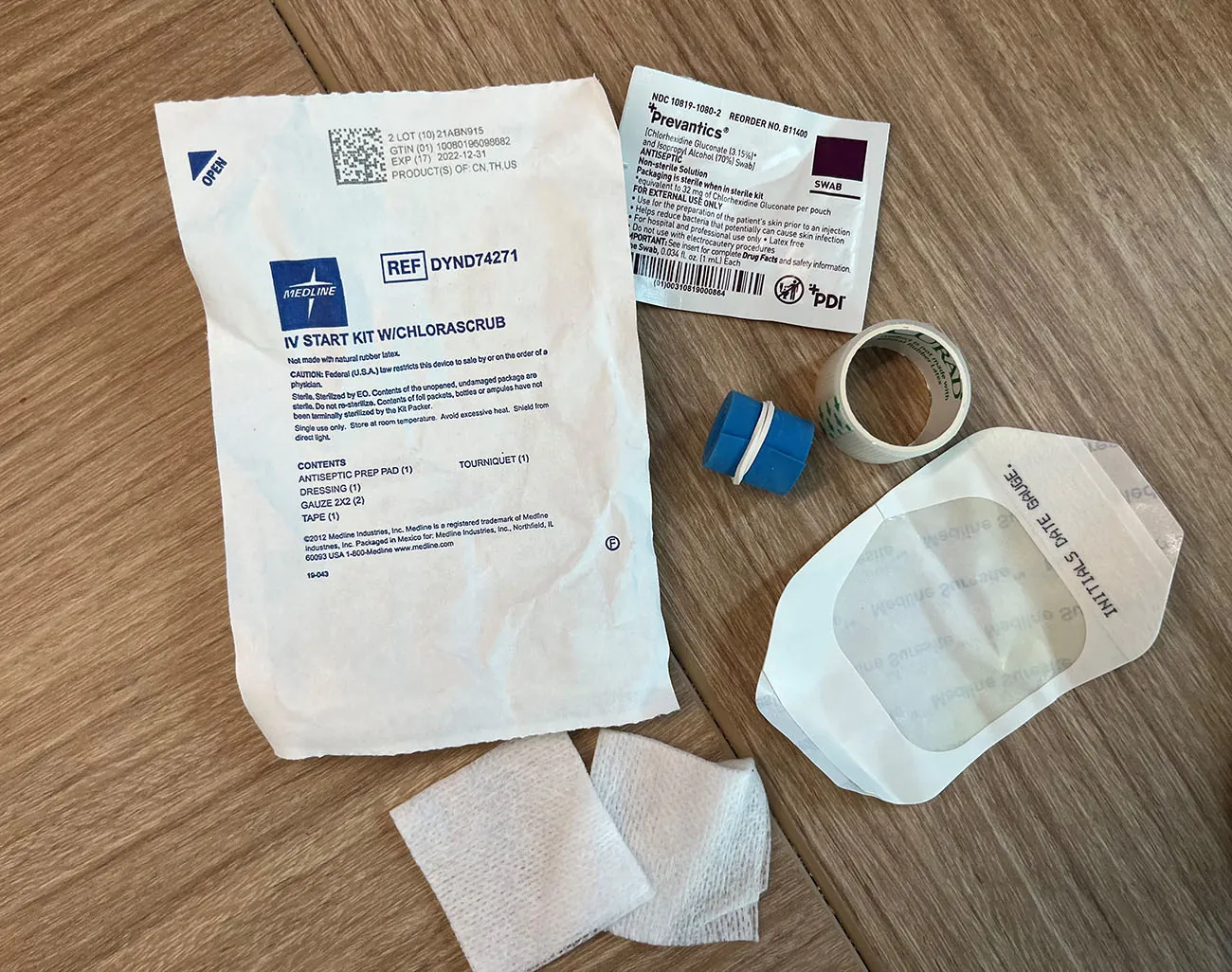 A color photograph shows the components of an IV kit.