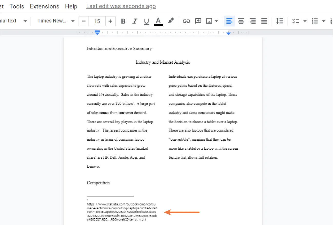 A citation is shown at the bottom left of a document under a line and indicated with a small “1” that matches the information in the text of the document.
