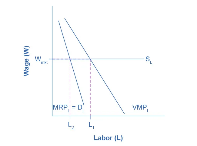 The graph shows the Marginal Product of Labor.  The x-axis is Labor.  The y-axis is Wage.  A horizontal line indicating the going market wage projects from about halfway up the y-axis.  Two curves are includesd in order to demonstrate the difference for firms with market power.  The first curve represents normal firms, and proceeds from right to left in a downward direction; where it intersects the Wage horizontal line, it is point L1.  The second curve, representing firms with market power, is steeper, and intersects the Wage line earlier (at a lower level of employment), at point L2, where the going market wage equal's the firm's marginal revenue product.  