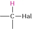 A carbon with two open single bonds is bonded to a highlighted hydrogen and halogen.