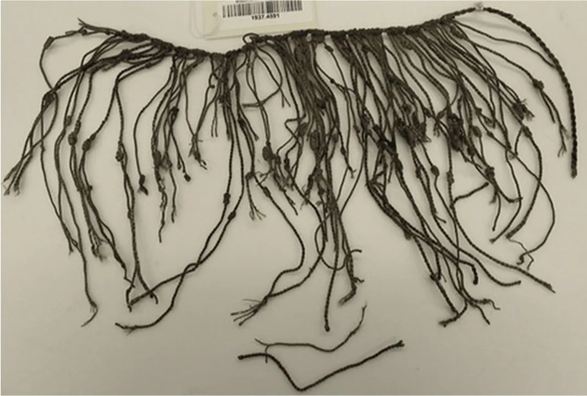 A picture of a long dark string running across the top of the image is shown. From the string hang down varying lengths of frayed strings tied to the original string at the top with knots in them at various locations on the string. Two small loose piece of string are seen at the bottom and a tag is seen at the top with black lines running vertically with numbers below.