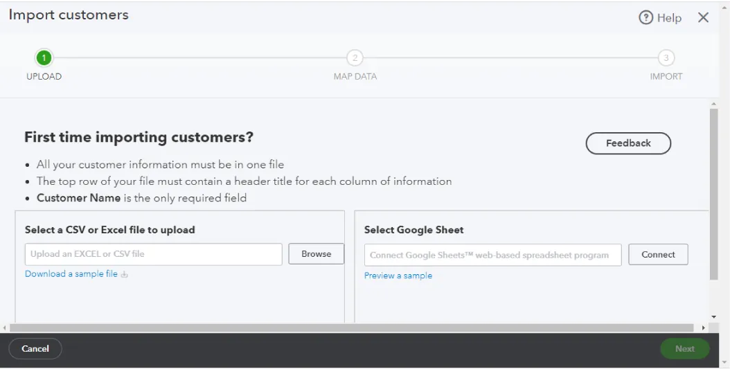 The Upload (1) portion of an Import customers window displays options available: Select a CSV or Excel file to upload (Search window below) and Select Google Sheet (Search window below).