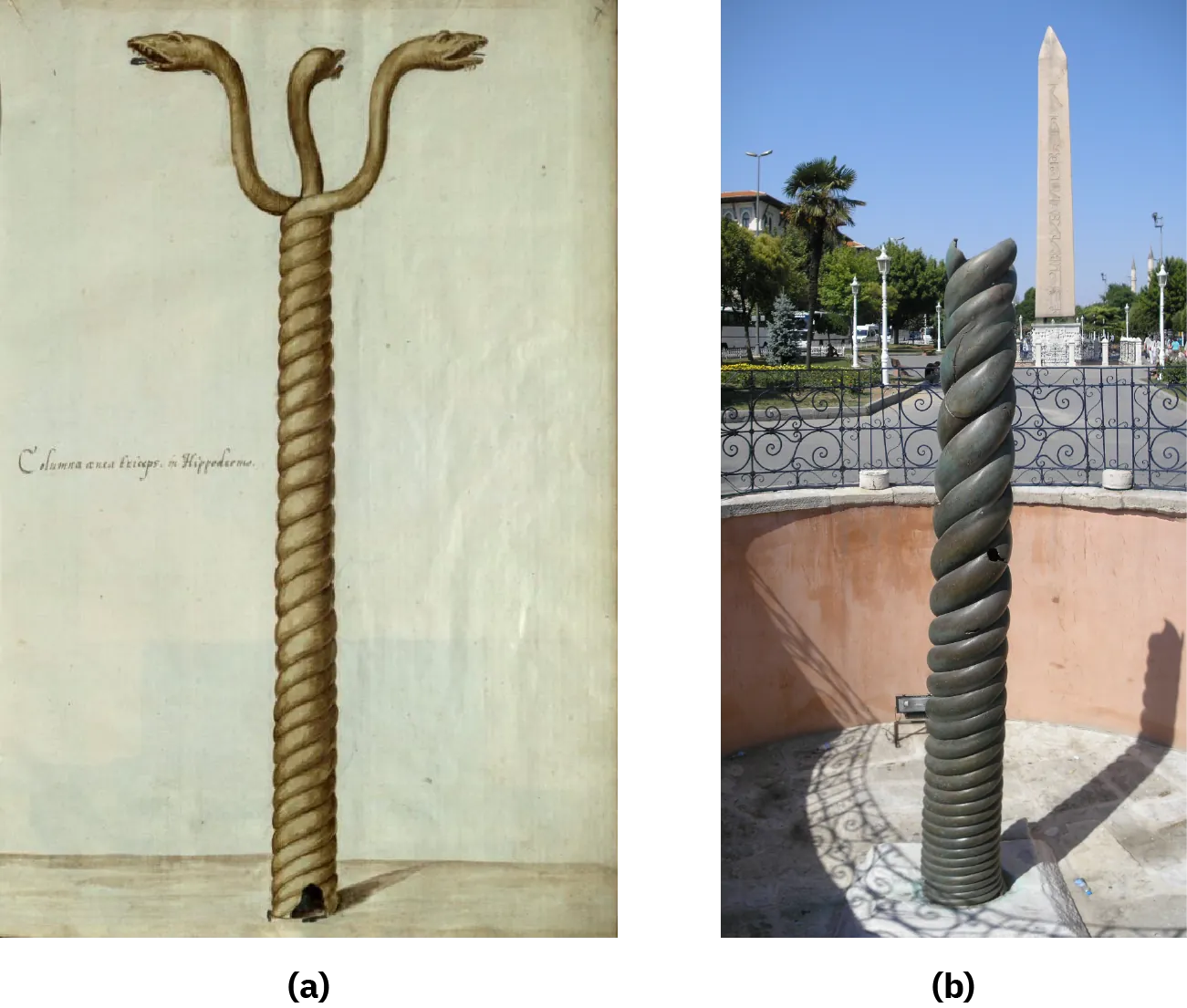 A drawing and a picture of a column is shown. (a) The first is a drawing of a greenish column made of three intertwined snakes, their jaws open, tongues sticking out, and each facing a different direction. There is a small heart shaped piece missing at the bottom. The floor is brown and the background is pale green. The words “Columna anea friceps m Hippodromo” appear to the left of the column in cursive. (b) A picture of a broken column is shown. The intertwined pieces are dark gray and start out thinner at the bottom and get thicker toward the broken top. The column is shown on a flat, white pedestal, in an oval recess in the ground surrounded by black swirly gates. A shadow of the column is shown at the bottom left of the picture. In the background there is a tall beige spire as well as trees, buildings, and lampposts along the road going from the column to the spire.