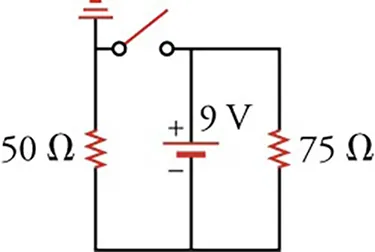 Circuit diagram with a $9\text{-V}$ battery, a switch and two resistors ($50$ and $75\,\Omega$).