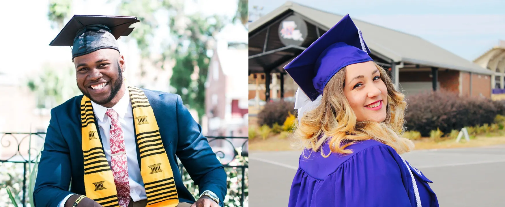 The photo on the left shows an African male student in academic dress sitting outdoors and smiling at the camera. The outdoor photo on the right shows a Caucasian female student smiling at the camera.