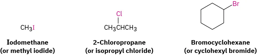 The structures of iodomethane (or methyl iodide), 2-chloropropane (or isopropyl chloride), and bromocyclohexane (or cyclohexyl bromide) with halogens highlighted in red.