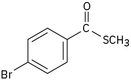The structure of methyl-p-bromobenzenethioate shows a carbonyl group to which is attached a methyl sylfide group and a benzene ring with a bromine atom in the 4-position.