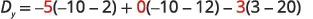A mathematical equation for Dy, featuring terms involving -5, 0, and -3 multiplied by parenthetical expressions like (-10-2), (-10-12), and (3-20), with some numbers highlighted in red.