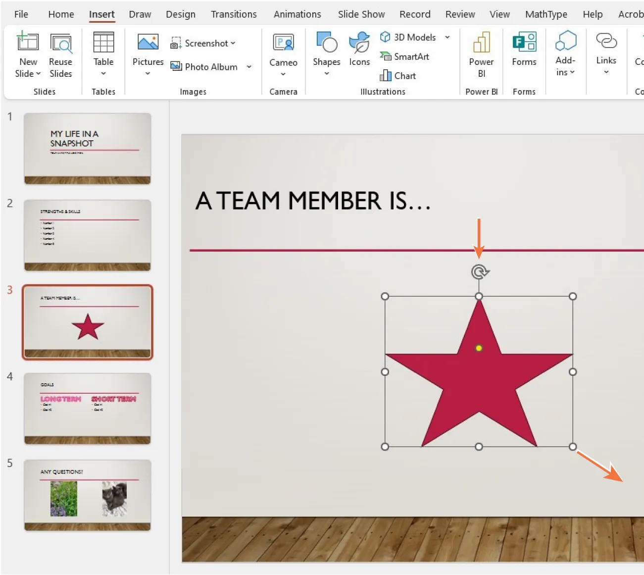 In PowerPoint, a red star is inserted into a slide. Circles are visible at the corners and middle sides of the image and a curved arrow is visible at the top.