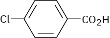 The structure has a benzene ring. C 1 is bonded to a carboxylic acid group. C 4 is bonded to a chlorine atom.