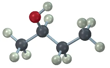 A ball and stick model of 2-butanol is represented. The grey, white and red spheres are carbon, white, and oxygen.