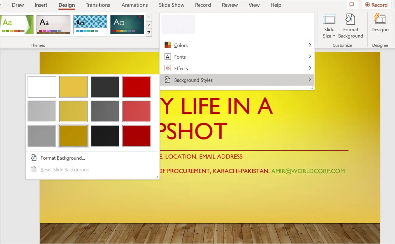 A PowerPoint screen is open to the Background Styles menu on the Design tab. It shows an additional open window with several colors to choose from.