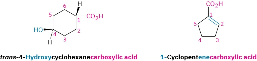 The structures of trans-4-hydroxycyclohexanecarboxylic acid and 1-cyclopentenecarboxylic acid. The carbon atoms in both structures are numbered.