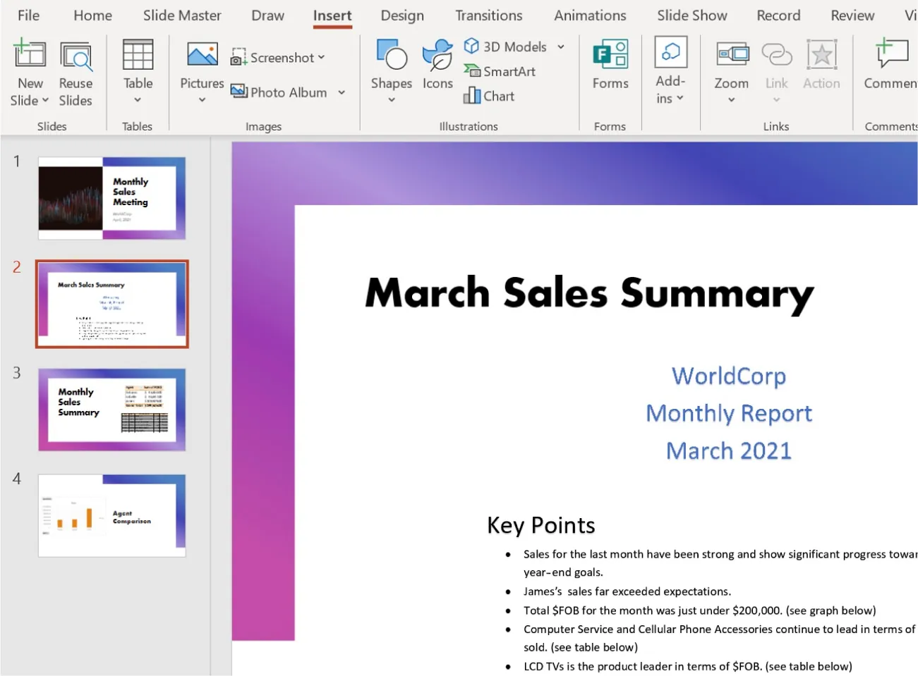 Insert tab selected. Slides visible in left sidebar. Selected slide displays text information.