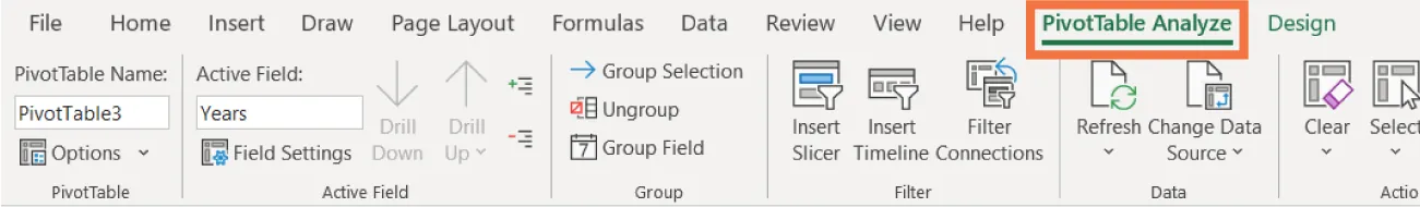 PivotTable Analyze tab is selected. Command groups available include: PivotTable, Active Field, Group, Data, Actions, Calculations, Tools, and Show.