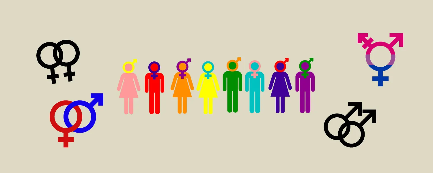Illustration of various colored stick people with various symbols for gender in various combinations surrounding them as well as drawn on their heads.