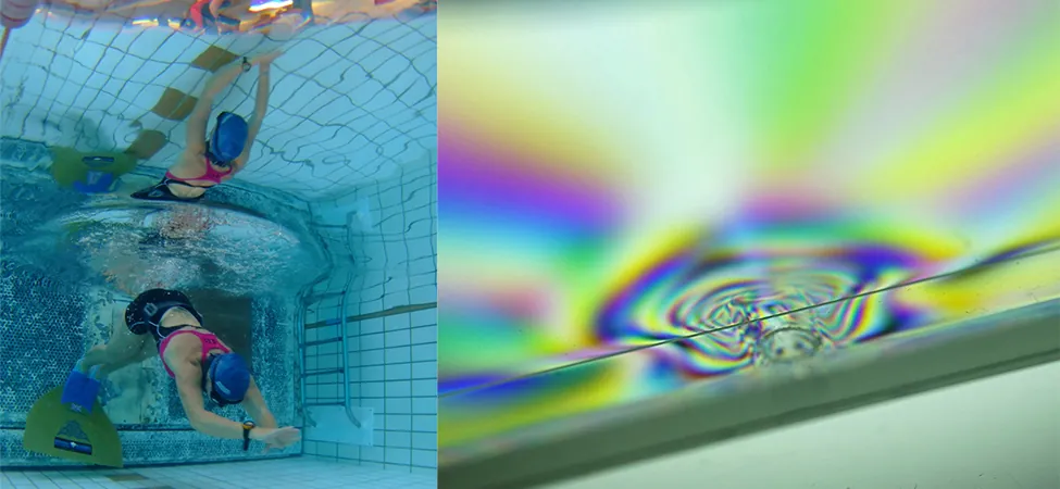 Zdjęcie zostało wykonane pod wodą. Przedstawia pływaczkę odbijającą się nogami od ściany basenu, aby wykonać nawrót. W powierzchni wody powyżej odbija się odwrócony obraz pływaczki i dna basenu. Widać także rozmazany obraz brzegu basenu nad powierzchnią wody.