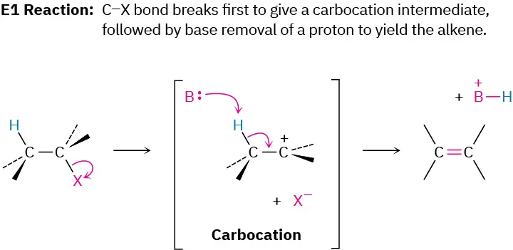 E1 reaction mechanism. Halide leaves alkyl halide to produce carbocation, and base abstracts hydrogen on adjacent carbon to yield alkene.