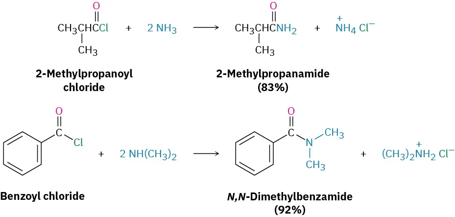 In the first reaction, 2-methylpropanoyl chloride reacts with two moles of ammonia, giving 2-methylpropanamide and ammonium chloride. In the second reaction, benzoyl chloride reacts with two moles of dimethylamine giving N, N-dimethylbenzamide, and dimethylammonium chloride.