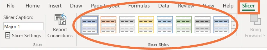 Slicer tab selected and Slicer Styles command group offers various options for selection (includes various colors and styles).