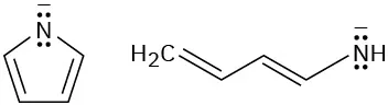 To the left, a five-membered ring comprising of a nitrogen anion and four carbons with double bonds between them. To the right, a 4-carbon chain with two alternate double bonds bonded to N-H minus.