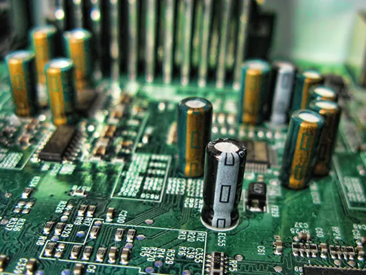 A motherboard of a computer circuit.