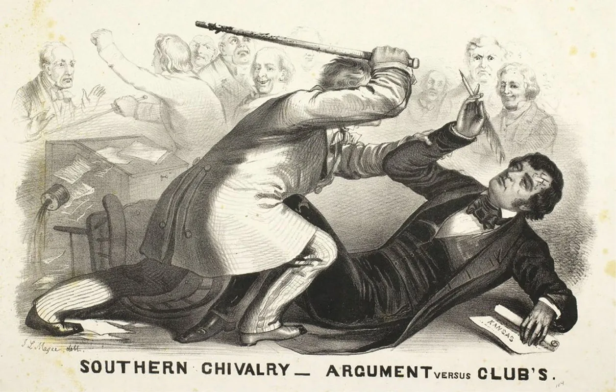 An illustration shows Preston Brooks attacking Charles Sumner with a cane while several men look on in the background. The caption reads “Southern Chivalry—Argument versus Club’s.”