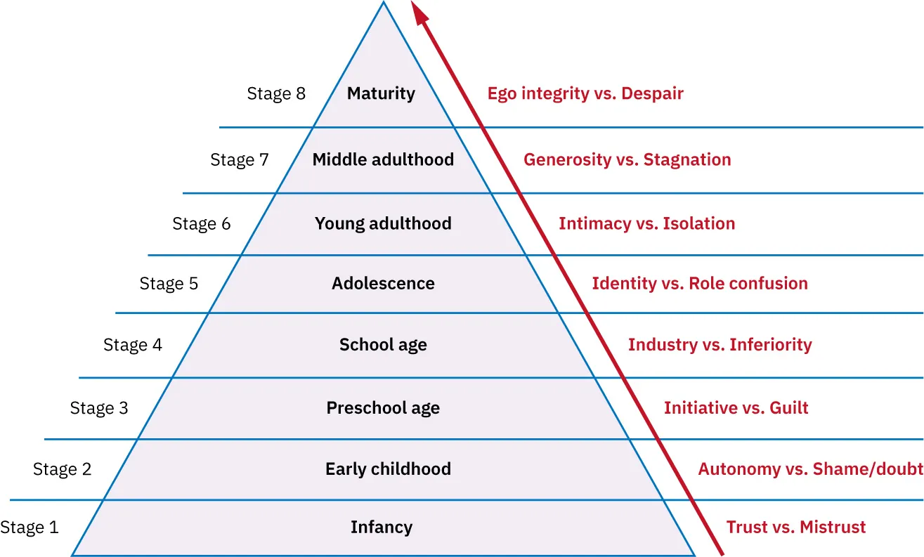 Diagram showing Erik Erikson’s stages of psychological development: (Stage 1) Infancy, Trust vs. Mistrust; (Stage 2) Early childhood, Autonomy vs. Shame/doubt; (Stage 3) Preschool age, Initiative vs. Guilt; (Stage 4) School age, Industry vs. Inferiority; (Stage 5) Adolescence, Identity vs. Role confusion; (Stage 6) Young adulthood, Intimacy vs. Isolation; (Stage 7) Middle adulthood, Generosity vs. Stagnation; (Stage 8) Maturity, Ego integrity vs. Despair.