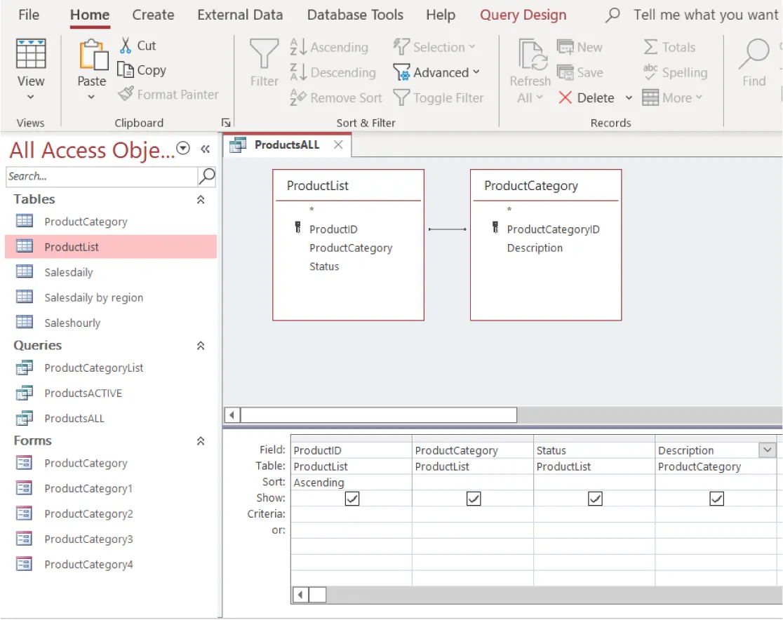 ProductList selected from Tables in All Access sidebar. ProductsALL tab displays queries for ProductList (Product ID, ProductCategory, Status) and ProductCategory (ProductCategoryID, Description). Table below reflects queries.