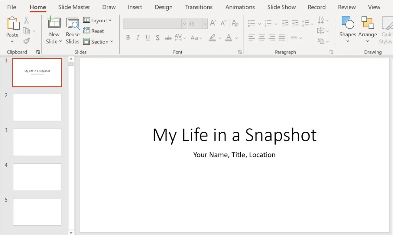 A screenshot of a PowerPoint presentation title slide filled in with the title in large text and a line of smaller text underneath. Other blank slides are visible on the left.