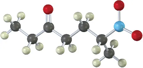 The ball-and-stick model shows a seven-carbon chain with N O 2 on sixth and carbonyl on third carbons. Gray, white, red, and blue spheres denote carbon, hydrogen, oxygen, and nitrogen.
