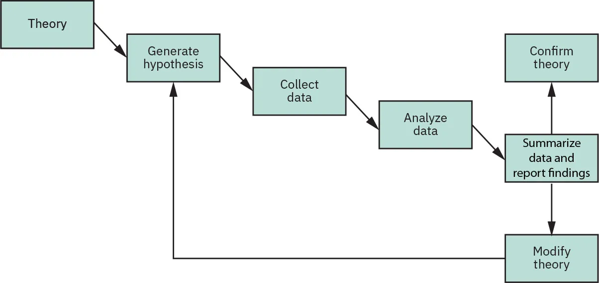 Steps of Scientific Method: Theory, Generate hypothesis, Collect data, Analyze data, Summarize data and report findings. Then either Confirm theory or Modify theory (and return back to Generate hypothesis step).